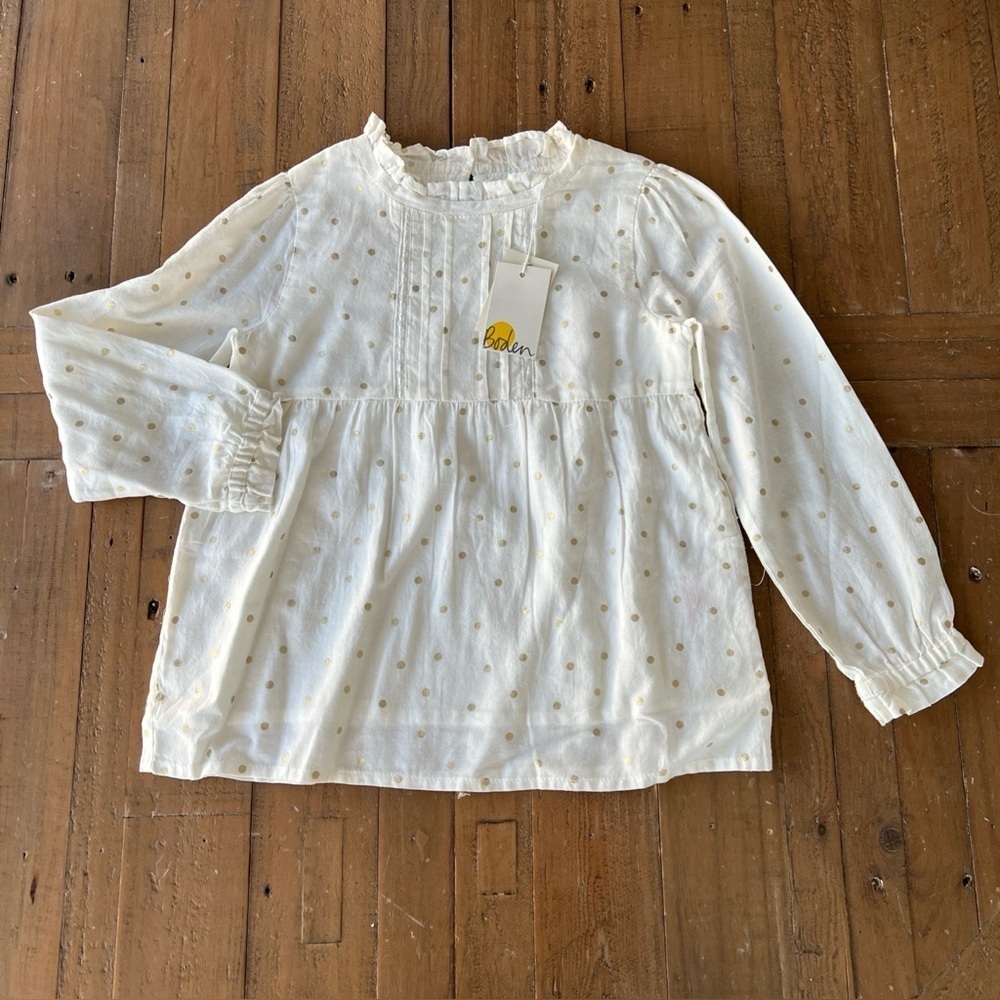 Mini Boden gold confetti spot polka dots Lace pleated long sleeve blouse nwt